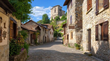 Charming Medieval Village with Cobblestone Streets Under Blue Sky