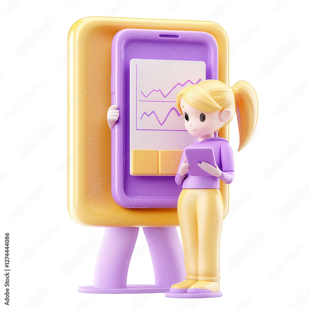 Poster a 3d render featuring a girl interacting with a smartphone displaying graphs. the scene is bright an
