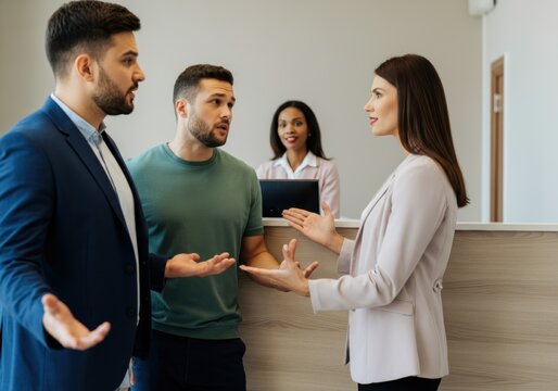 Discussion between three people in office setting