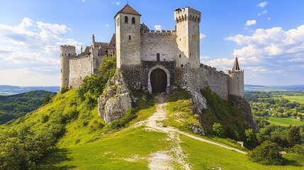 Medieval Castle Perched on a Hill with Dramatic Landscape Views