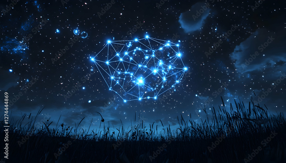 Poster abstract glowing network in night sky over field. possible use stock photo for technology, internet,