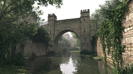 Fototapeta premium Medieval Town Gate Surrounded by Lush Vegetation and Waterway