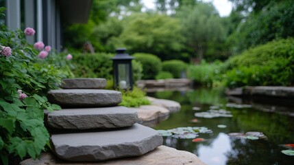 Stone steps with lantern near koi pond in japanese garden with pink roses. Traditional asian landscaping design. Peaceful meditation space with natural scenery and copy space