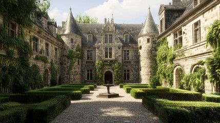 Obraz premium Grand Medieval Castle Surrounded by Lush Greenery and Elegance