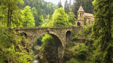 Fototapeta premium Medieval Bridge with Intricate Stone Details Surrounded by Nature