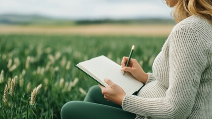 Mindfulness art journaling outdoor field sketching woman nature setting pregnant wellness journey