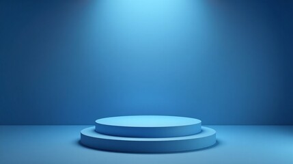 A minimalist blue room features a single, illuminated pedestal.