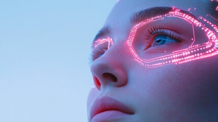 Woman with glowing pink digital pattern around eyes in futuristic makeup concept. Cyberpunk style portrait in neon lighting. Artificial intelligence and beauty technology visualization