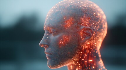 Digital human head profile with glowing red particles and light effects. Artificial intelligence visualization concept for machine learning and digital mind technology