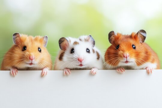 A charming group of hamsters with unique fur colors playfully peer over the table edge. Their fluffy coats and curious expressions make them delightful subjects for pet photography.