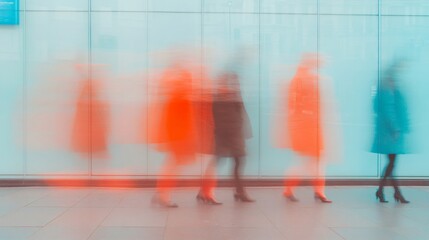 Motion blur effect of walking people in business center hallway. Abstract urban scene with blurred silhouettes against white wall. Modern architectural interior with blue and orange tints