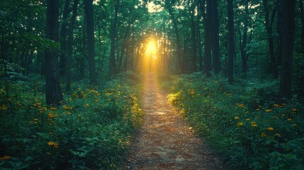 Fototapeta premium Sunlit Forest Path With Yellow Flowers