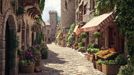 Fototapeta premium Charming Medieval Village Street with Quaint Shops and Flowers