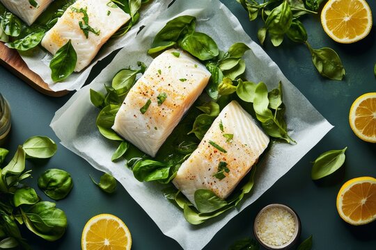 Vibrant raw red snapper fillet garnished with citrus and chili flakes. Generative AI