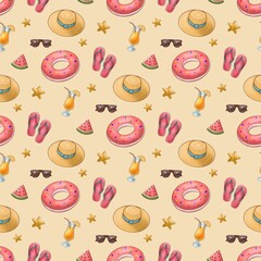 summer seamless pattern with beach holiday attributes on a beige background
