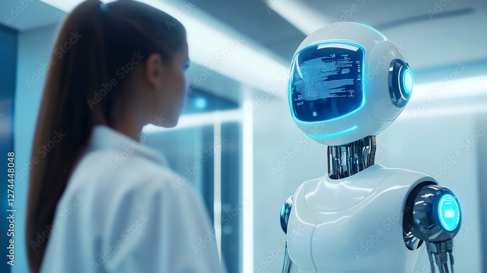 Aufkleber future of healthcare woman scientist and advanced robot ai in modern lab setting