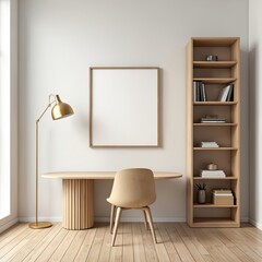 Stylish office room interior with wooden desk, shelf. Mockup frame on wall. Table, chair. Elegant home office interior wooden floor, template, vase. Manager loft style design, real estate