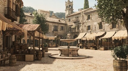 Obraz premium Medieval Town Square with Wooden Stalls and Central Fountain