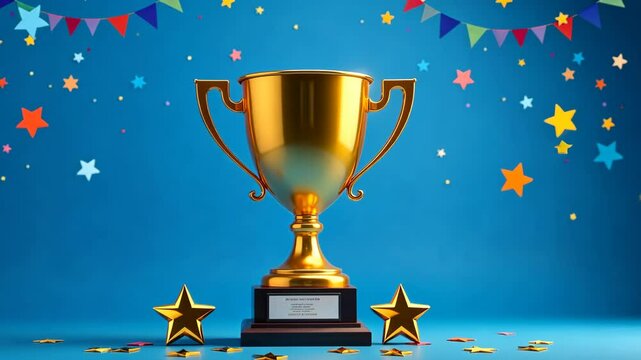 golden cup of the winner stands on the table on a dark background with bokeh