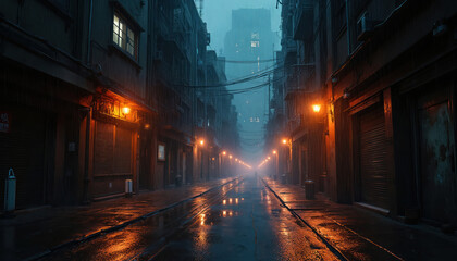 Illustration of dark street in rainy dystopian cyberpunk city at night. Buildings, road, streetlights in fog, rain. Grunge urban background with futuristic gritty scenery. Gloomy alley, light
