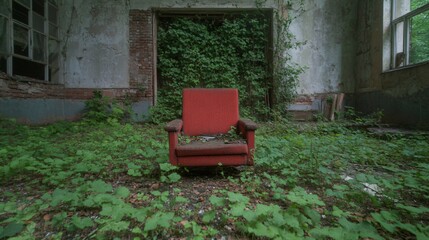 Red armchair in abandoned building overgrown with green plants and ivy. Urban exploration photography. Vintage furniture in decaying room with window natural lighting