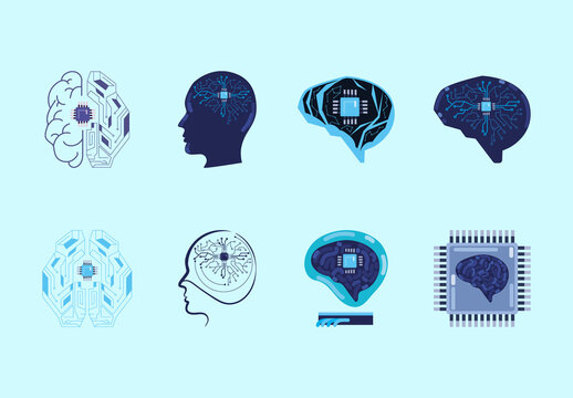 Blue Neuromorphic Computing Futuristic AI Concept. Digital Brain Illustration Set