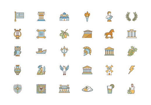 Blue and Yellow Greece Icons Cultural Heritage. Ancient Greece Icons Set