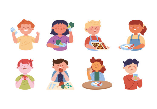Colorful Kids Eating Healthy Nutrition and Wellness. Food Education Illustration Set