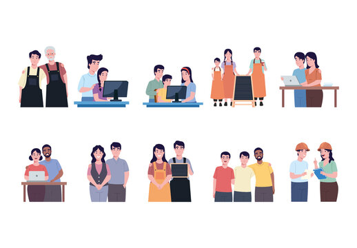Colorful Family Business Teamwork and Cooperation. Entrepreneurial Illustration Set