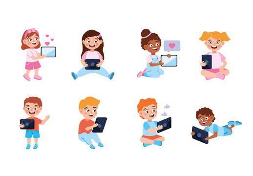 Colorful Kids Using Tablets Digital Learning. Screen Time Illustration Set