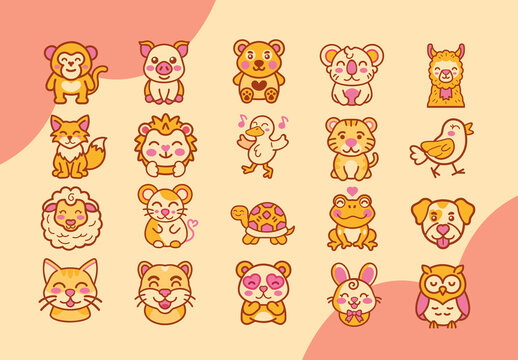Yellow And Pink Cute Cartoon Animals Stickers Set