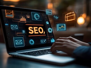 SEO Strategy Unveiled: A close-up shot of hands expertly navigating a laptop keyboard, illuminating the pivotal role of search engine optimization in a modern digital landscape.