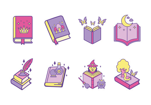 Pink And Purple Fairytale Book Icons Magical Stories. Enchanted Books Icons Set