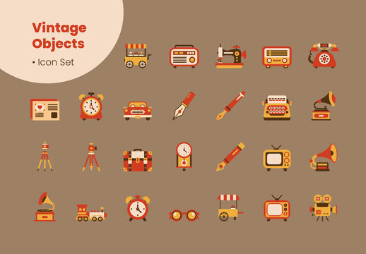 Orange and Brown Vintage Objects Icons Nostalgic Elements. Retro Collectibles Icons Set