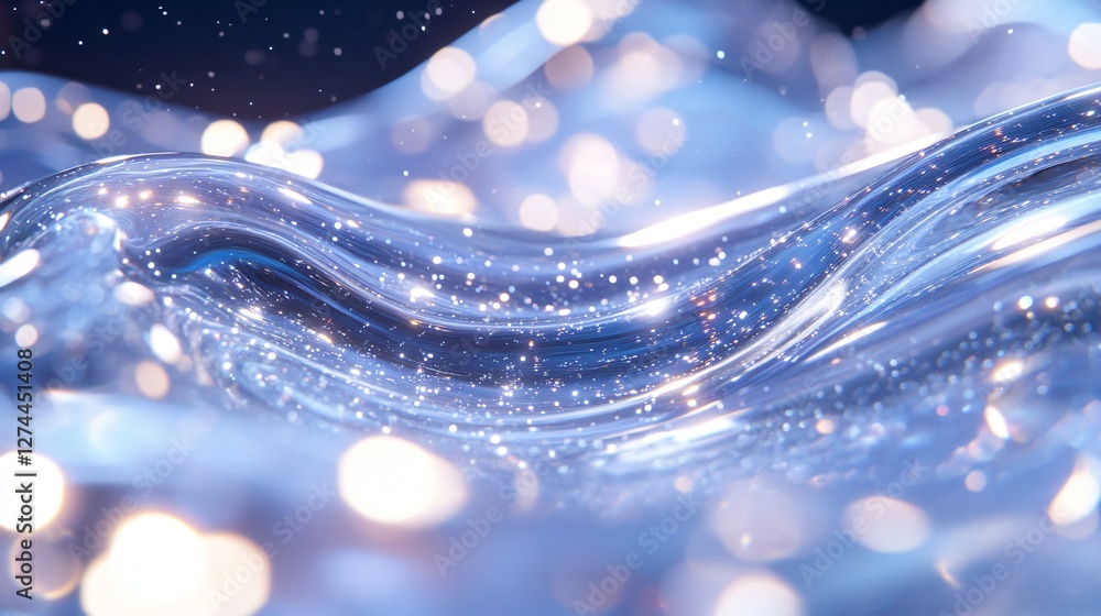 Poster abstract blue wave on dark background with bokeh lights and sparkles. flowing water effect with glow