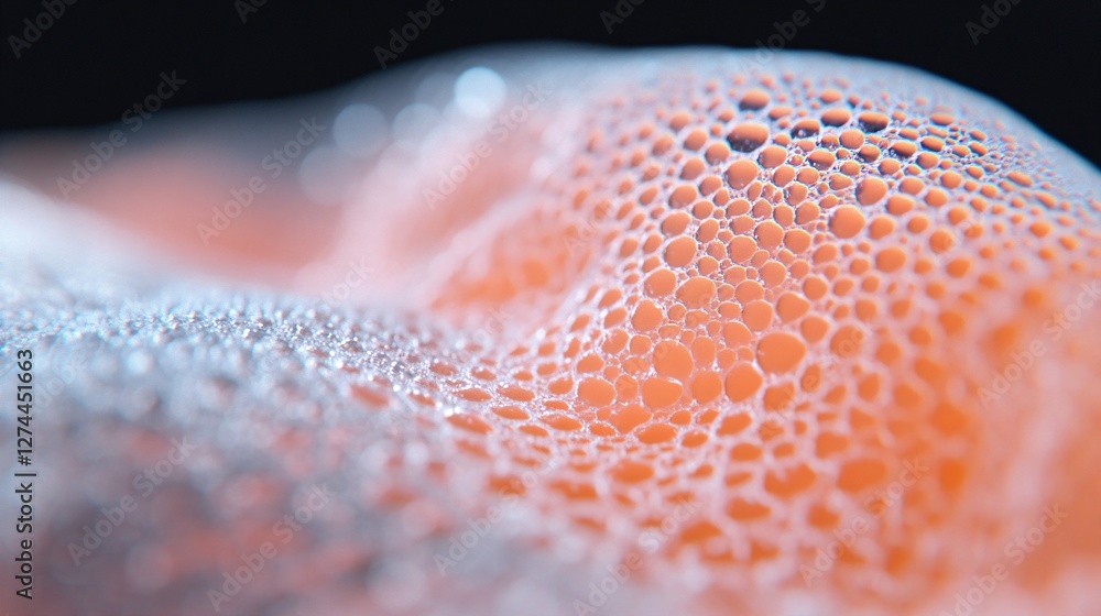 Poster macro bubbles and foam texture on pink surface with water drops. abstract closeup of soap or beverag