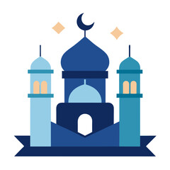 Ramadan Kareem banner, poster, greeting card, cover design with mosque, crescent moon, stars and typography in flat geometric style. vector illustation