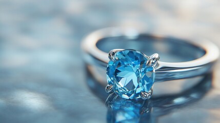 Stunning Blue Topaz Solitaire Ring on a Reflective Surface: A Jewel of Exquisite Craftsmanship and Elegance