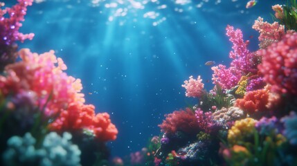 Fototapeta premium Vibrant coral reef underwater scene with pink and orange corals in turquoise blue ocean with sunlight rays streaming through water. Marine life and deep sea background