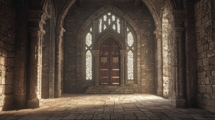Fototapeta premium Majestic Medieval Castle Interior with Towering Stone Archways