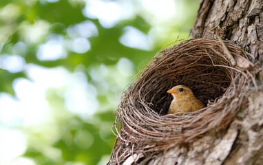 Cute bird sitting comfortably in its nest high up in a lush green tree amidst natural surroundings