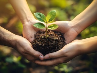 Fototapeta premium Nurturing New Growth: A close-up shot of two pairs of hands cradling a tender seedling, symbolizing care, growth, and environmental stewardship.
