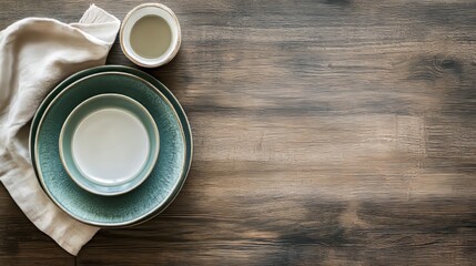 Overhead shot, Modern dining table setting with minimal green ceramic plate, white sauce bowl and napkin or kitchen towel on wood background