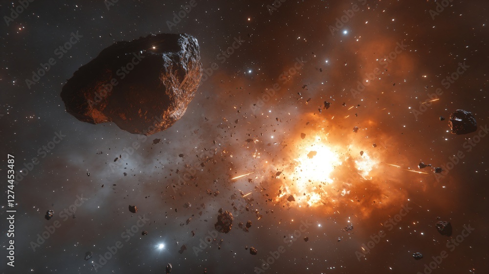 Poster dramatic space explosion in deep cosmos showing asteroid collision and bright orange blast. cosmic d