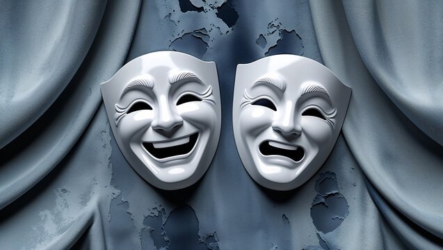 Drama masks happy and sad on a draped fabric background with theatrical mood