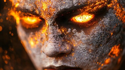 Dark mystical face with glowing orange eyes and burning ember effect makeup. Creative fantasy portrait with fire particles and ash texture for halloween concept art