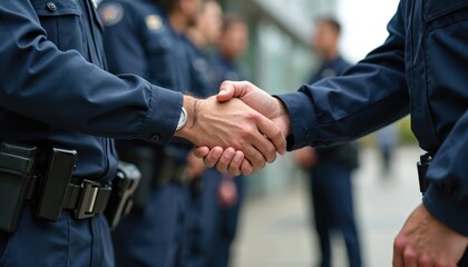 Close up of police officers shaking hands as symbol of partnership. Law enforcement, mutual trust, successful agreement, deal between patrolmen. Teamwork, cooperation, congratulation on pro job