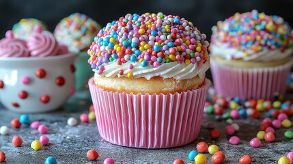 A single cupcake topped with colorful sprinkles