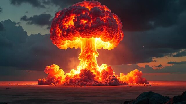 4k frame of nuclear explosion in a huge field. concept of testing weapons of mass destruction.