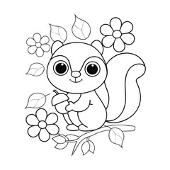 A cheerful squirrel holding an acorn, sitting on a leafy branch surrounded by blooming flowers